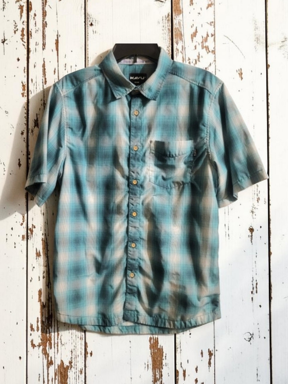KAVU Boardwalk Plaid Short Sleeve Button Down Shirt Teal Medium LIKE NEW